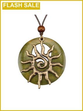 Vintage Boho Faux Leather Wooden Pendant Necklace Long